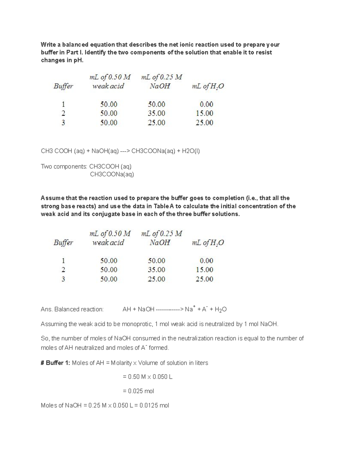 Buffers Lab - Part 1 - Lab assignments - Write a balanced equation that ...