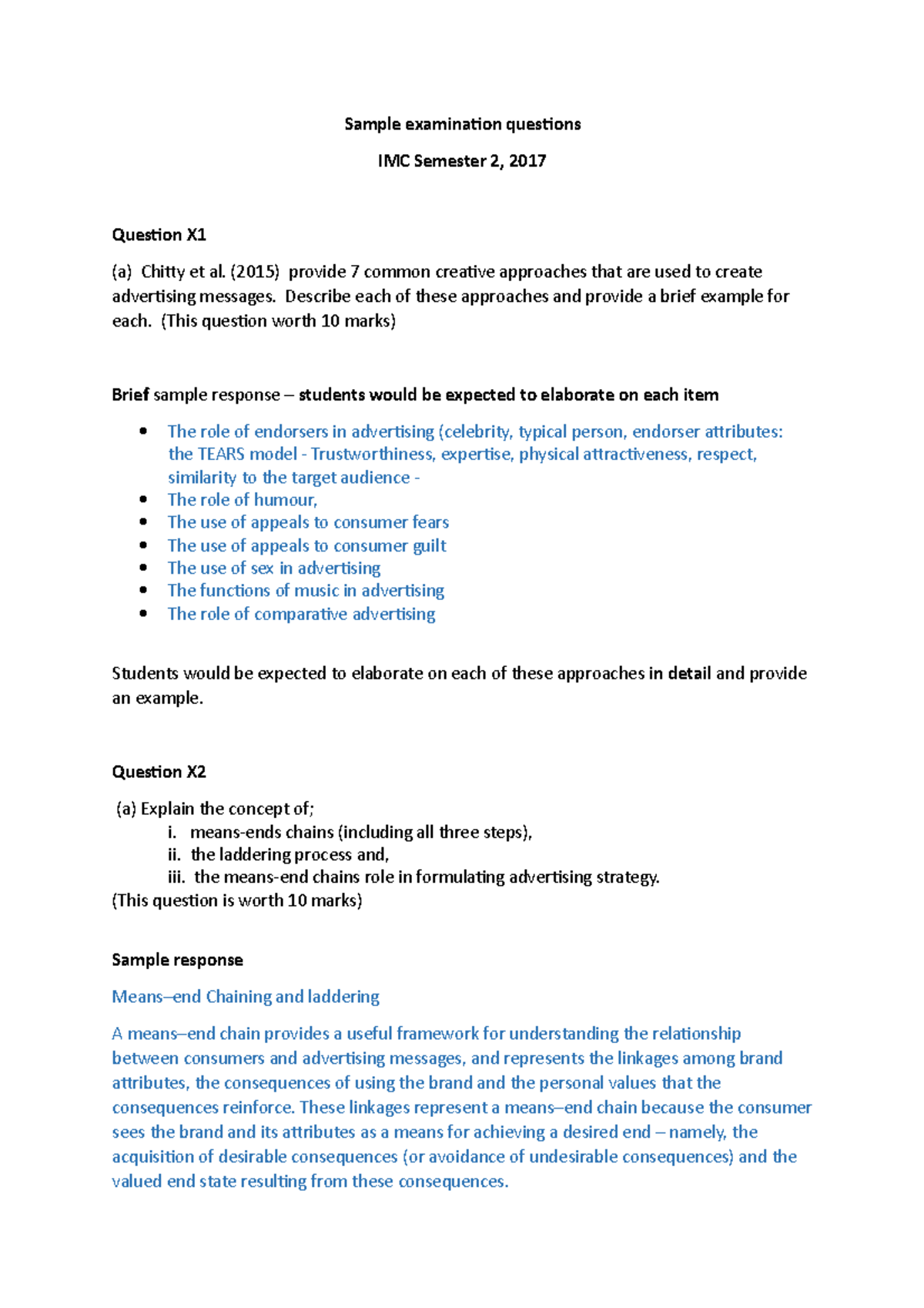 Sample Examination Questions Sem 2 2017 - Sample Examination Questions 