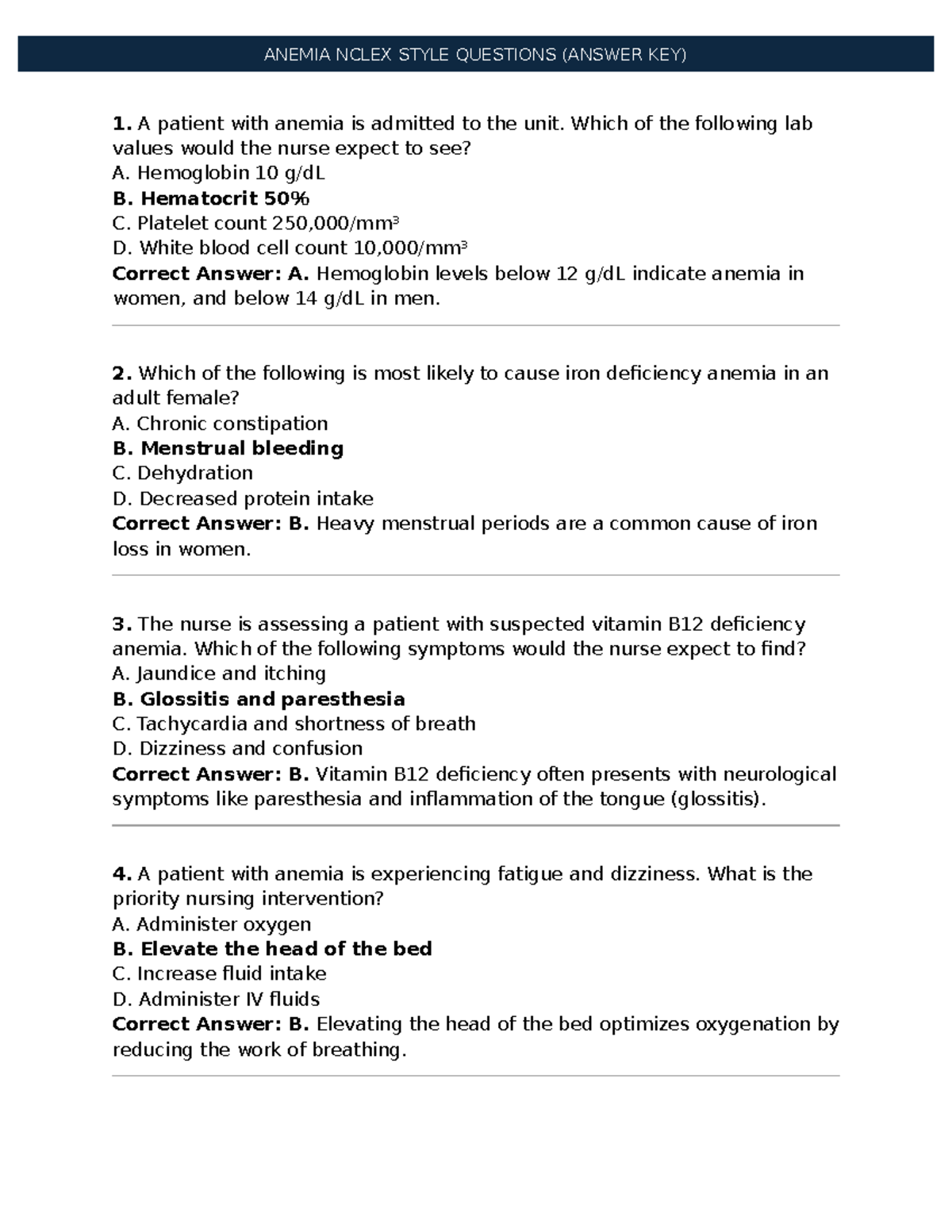 Anemia+ Nclex+ Style+ Questions+%28 Answer+KEY%29 - A patient with ...