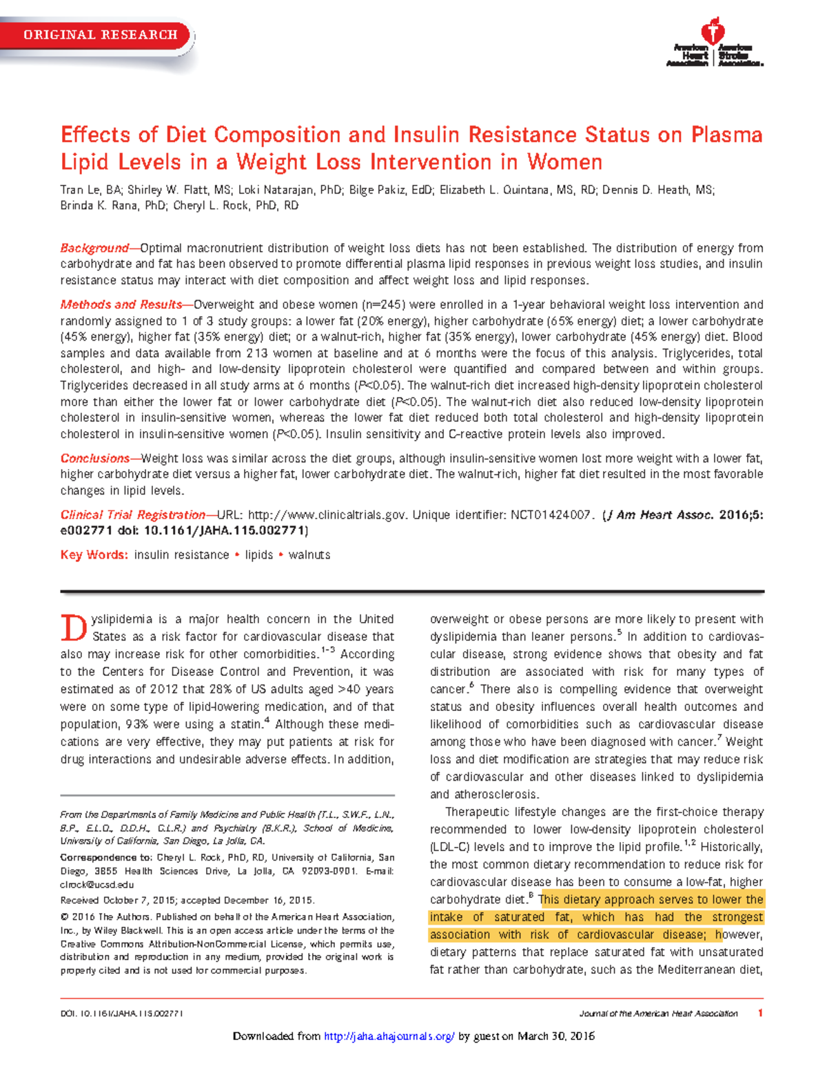 Walnut and Lipids (Journal) Effects of Diet Composition and Insulin