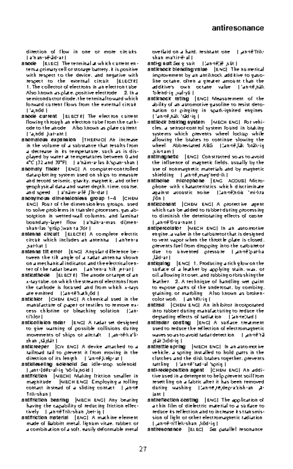 Dictionary of Engineering A5 antiresonance direction of flow in one