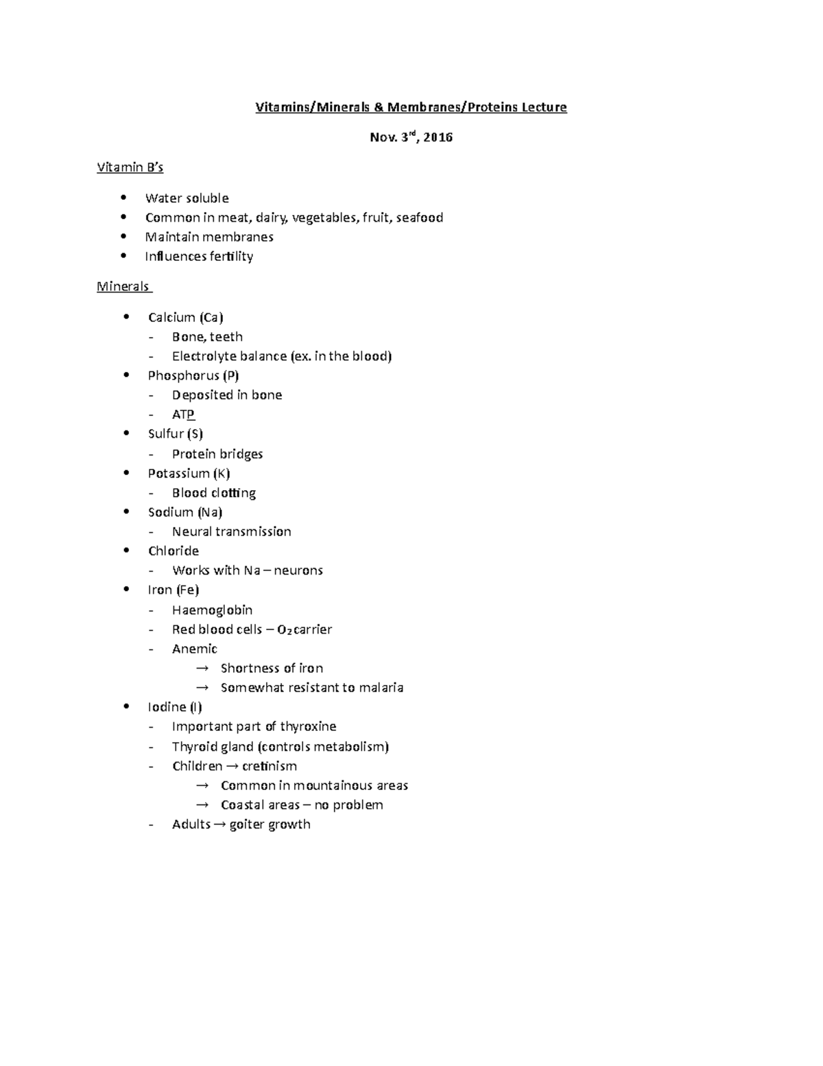 Vitamins, Minerals, Membranes and Proteins Lecture Notes (Nov. 3