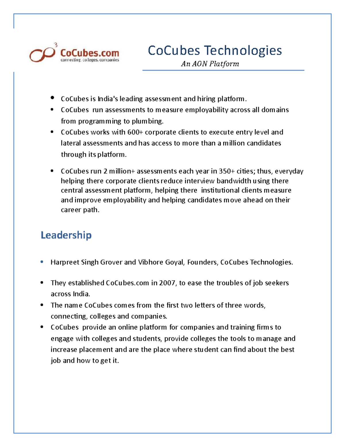 CO Cubes CoCubes Technologies An AON Platform CoCubes is India's