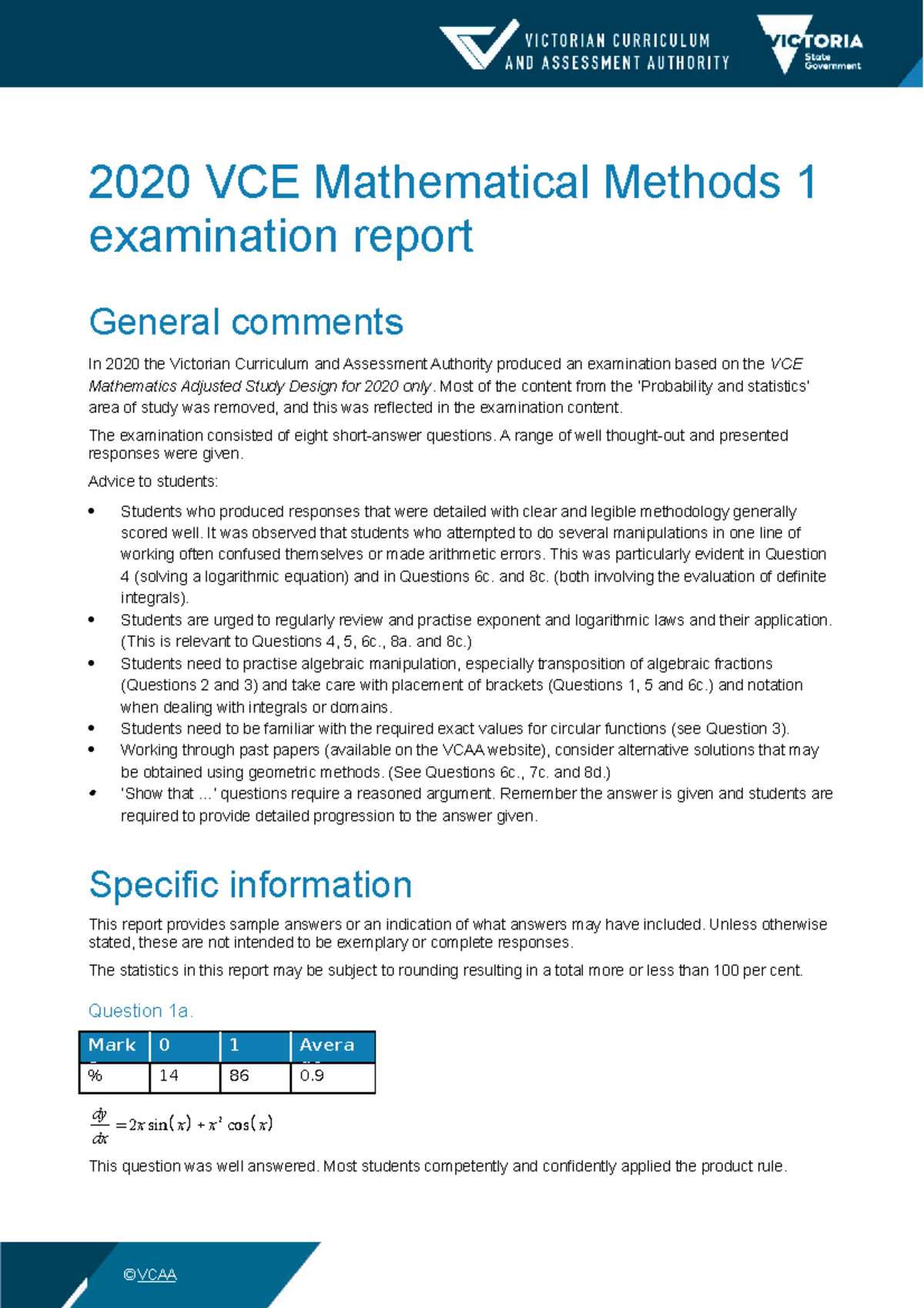 2020 mathsmethods 1 exam report - MAST10005 - Unimelb - Studocu