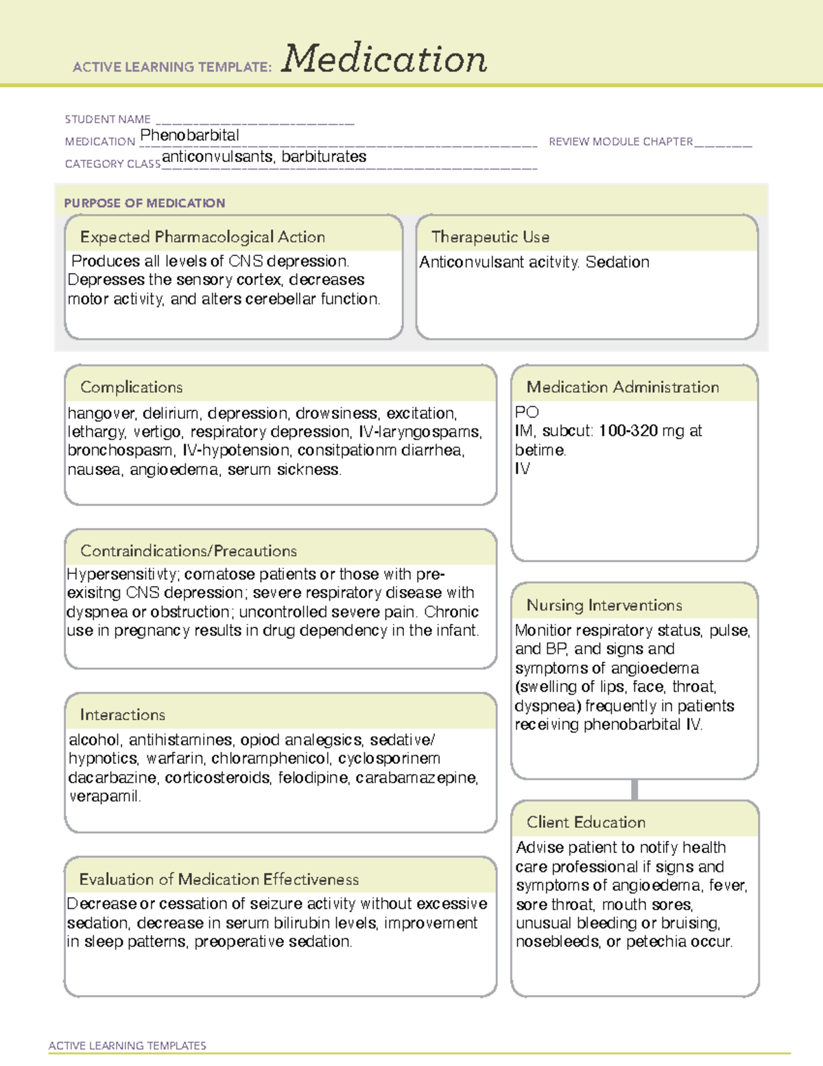 ALT (307) Phenobarbital ACTIVE LEARNING TEMPLATES Medication STUDENT