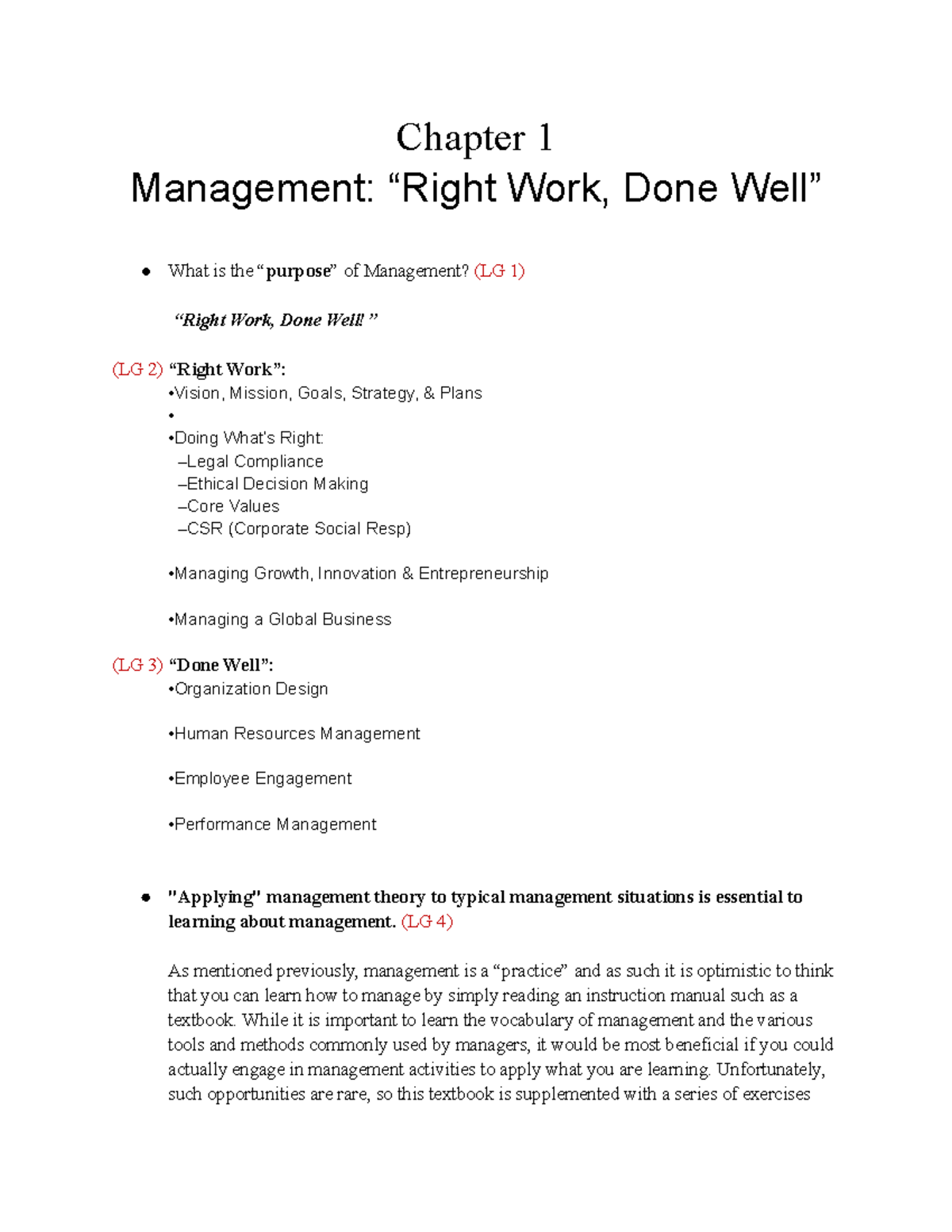 Chapter 1 - Study guide - Chapter 1 Management: “Right Work, Done Well ...