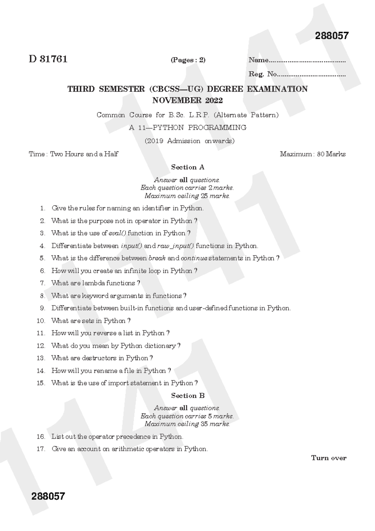 Python programming - questionn paper - Turn over D 31761 (Pages : 2 ...