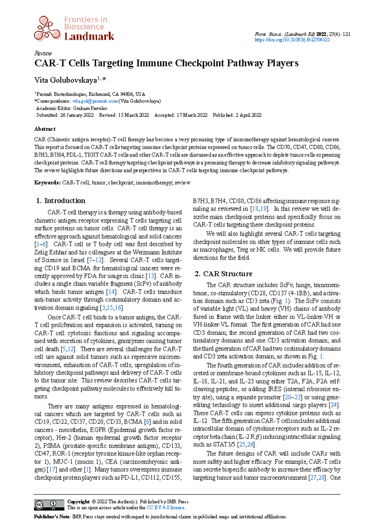 CAR T Cells 2022 - ... - Front. Biosci. (Landmark Ed) 2022 ; 27(4): 121 ...