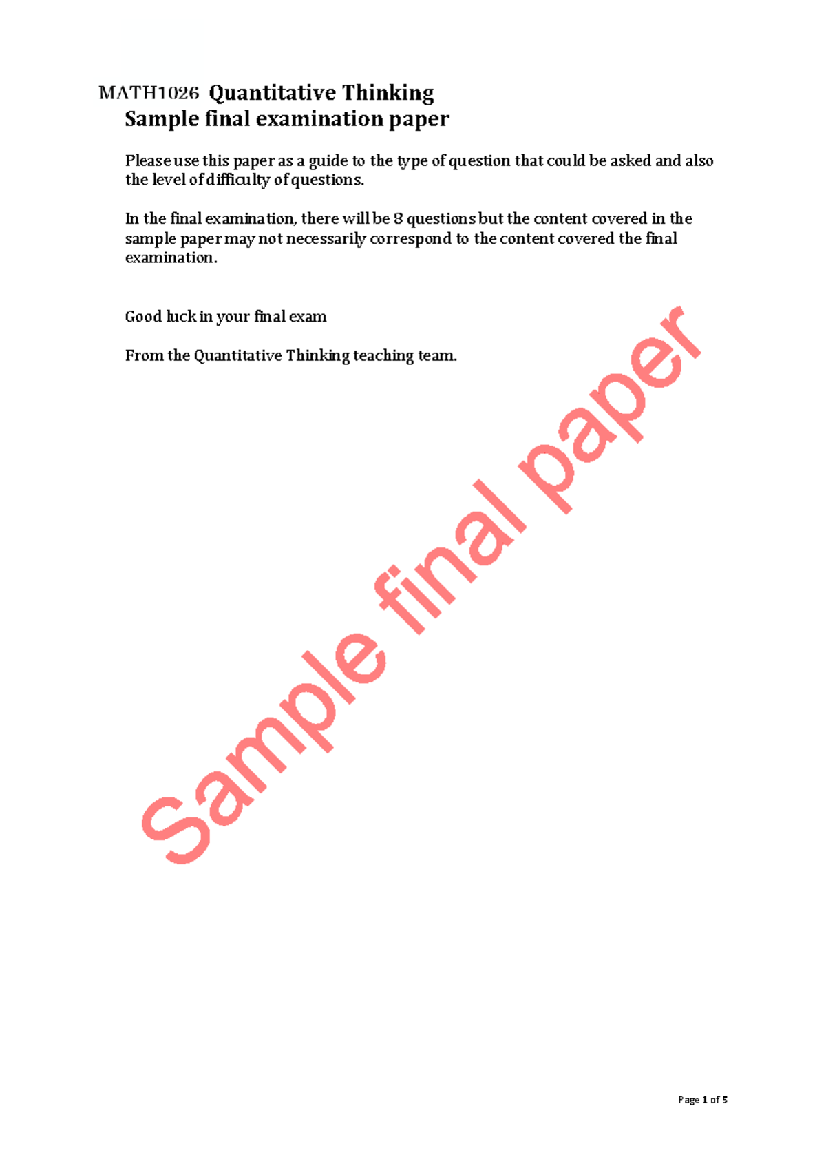 Mock Final Paper - 300831 Quantitative Thinking Sample final ...