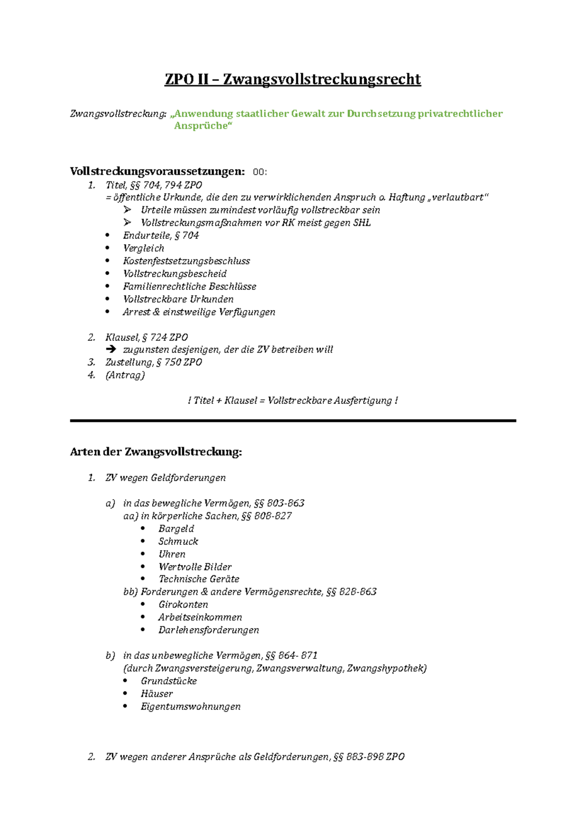 ZPO II (Zwangsvollstreckungsrecht) - Zivilprozessrecht II - UHH - Studocu
