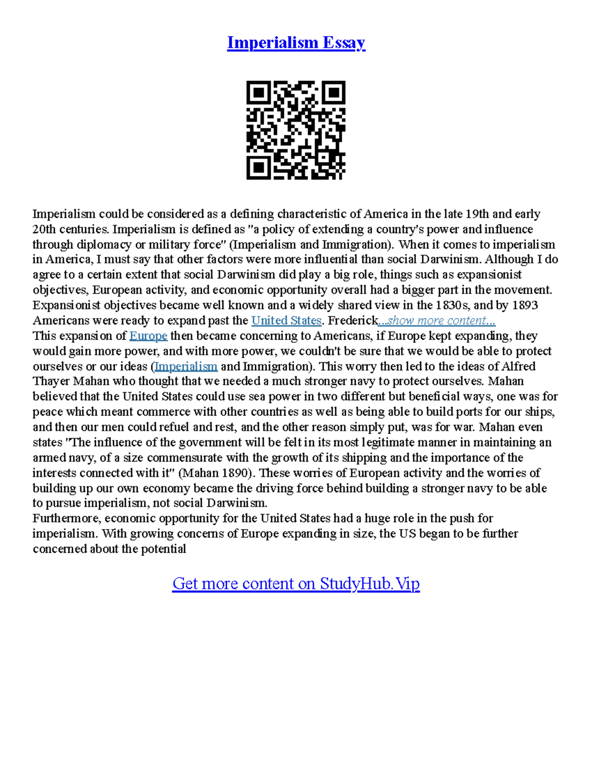 Essay On Imperialism Imperialism Essay Imperialism could be considered as a defining Studocu