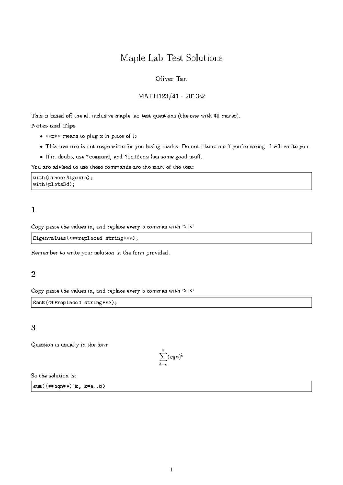Maple Cheat Sheet - Solutions for the Maple Lab Test - Maple Lab Test ...