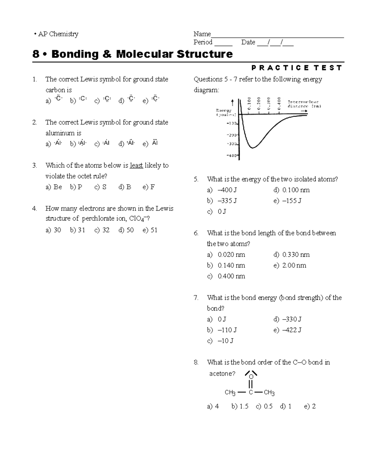 Ch 8-9 Practice Test - AP Chemistry Name ...