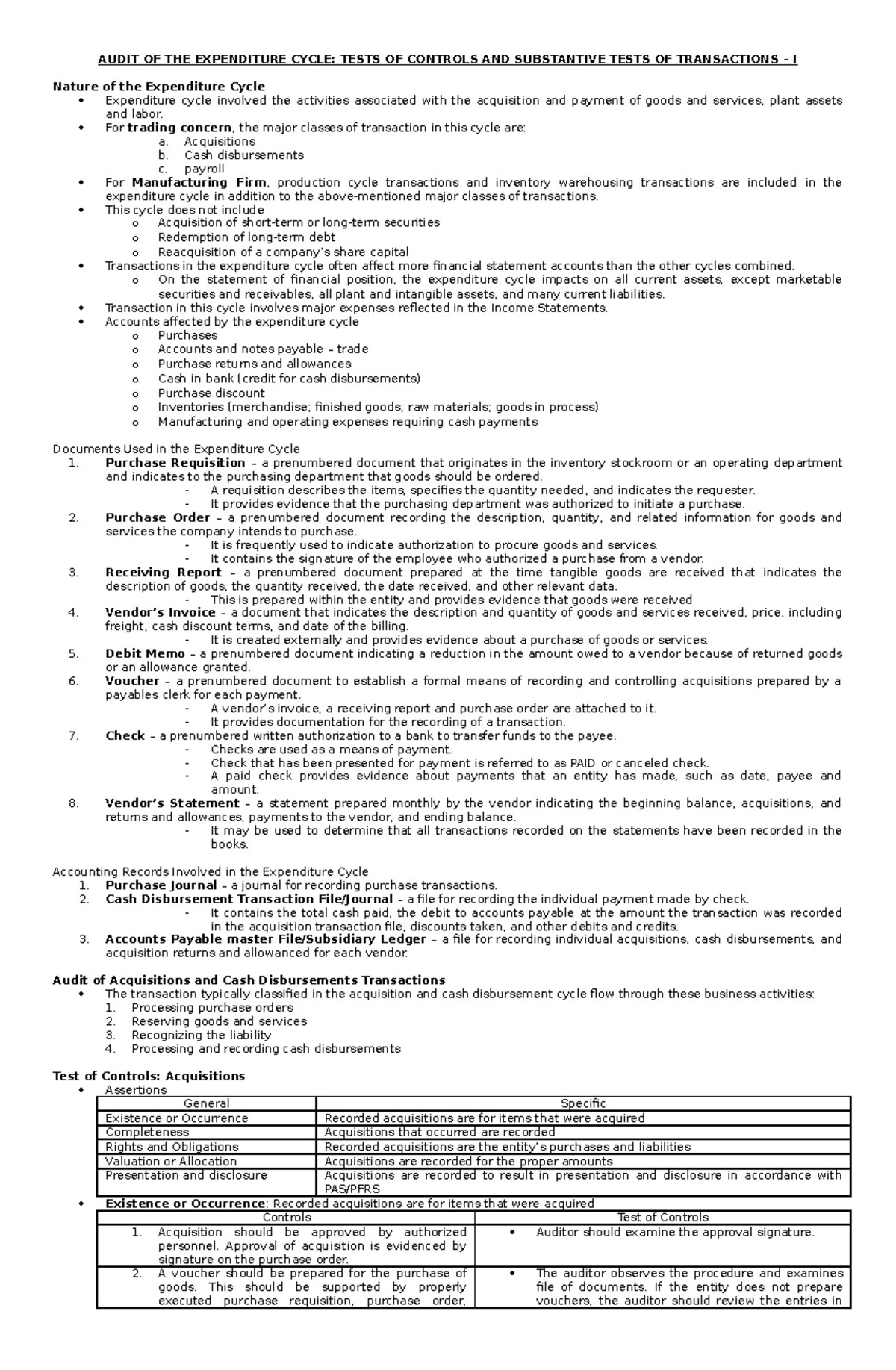 Audit of the Expenditure Cycle AUDIT OF THE EXPENDITURE CYCLE TESTS