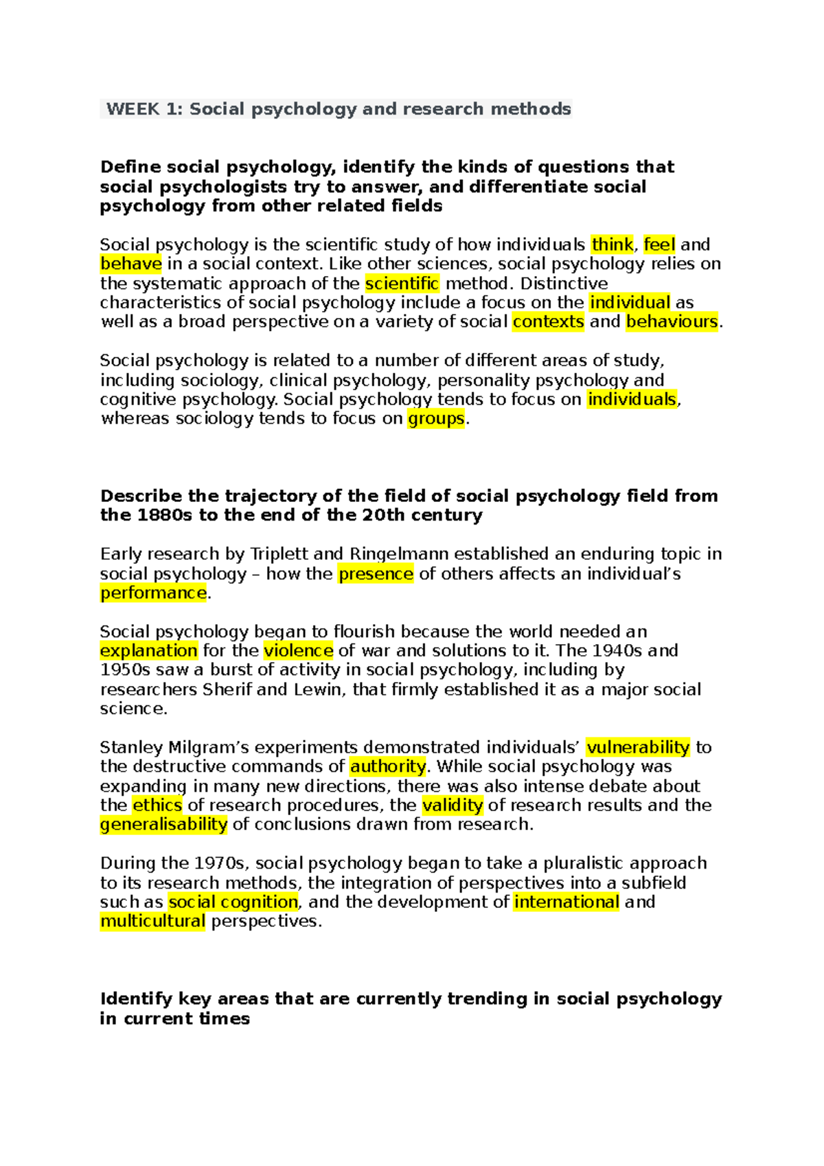 WEEK 1 summary objectives - WEEK 1: Social psychology and research ...
