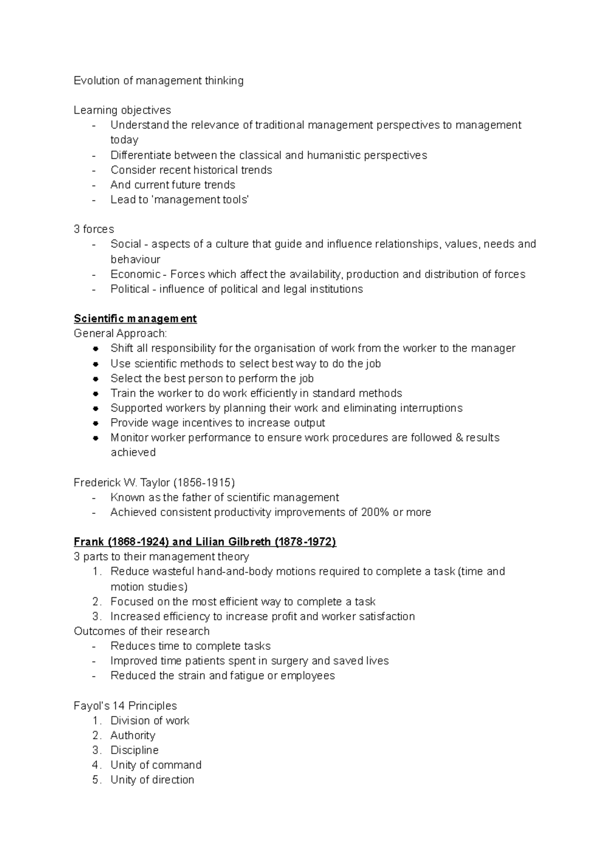 Lecture 2 Notes - Evolution of management thinking Learning objectives ...