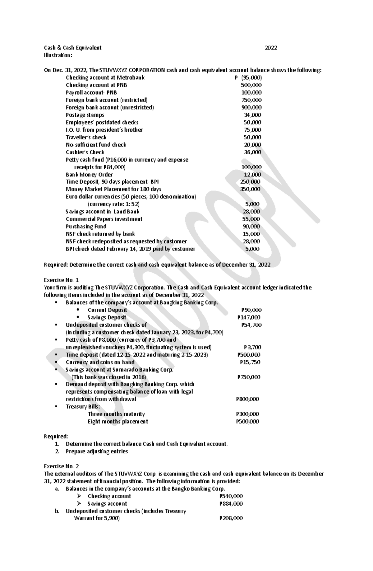 Exercises in cash and cash equivalent Cash & Cash Equivalent 2022