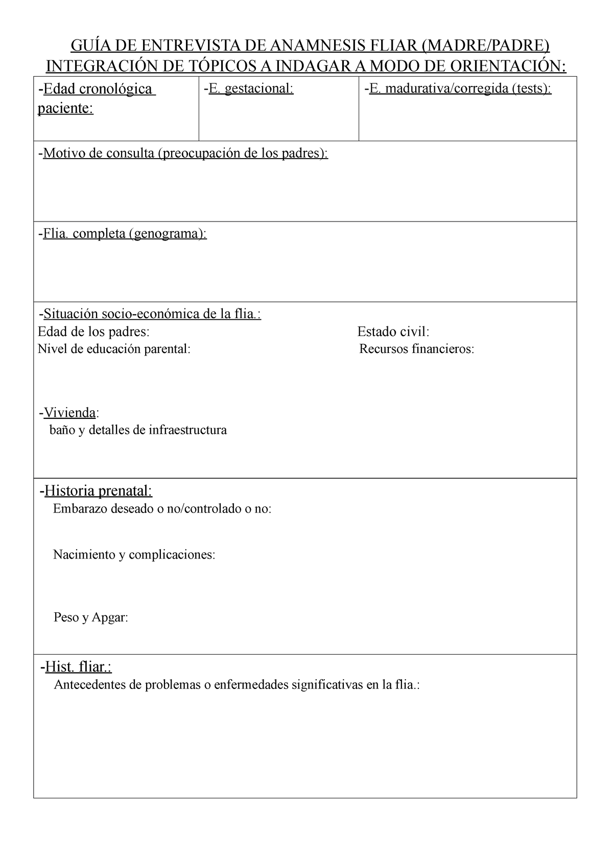 GUÍA DE Entrevista PARA LA Familia - GUÍA DE ENTREVISTA DE ANAMNESIS ...