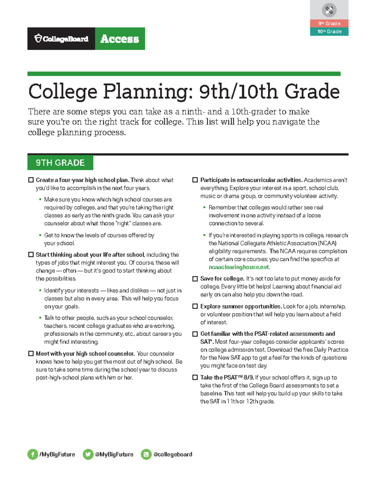 Big Future College Planning 9th 10th Graders 9 th Grade 10 th Grade