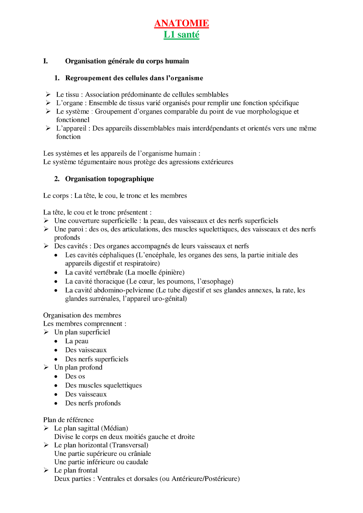 Anatomie L1 - ANATOMIE L1 santé I. Organisation générale du corps ...