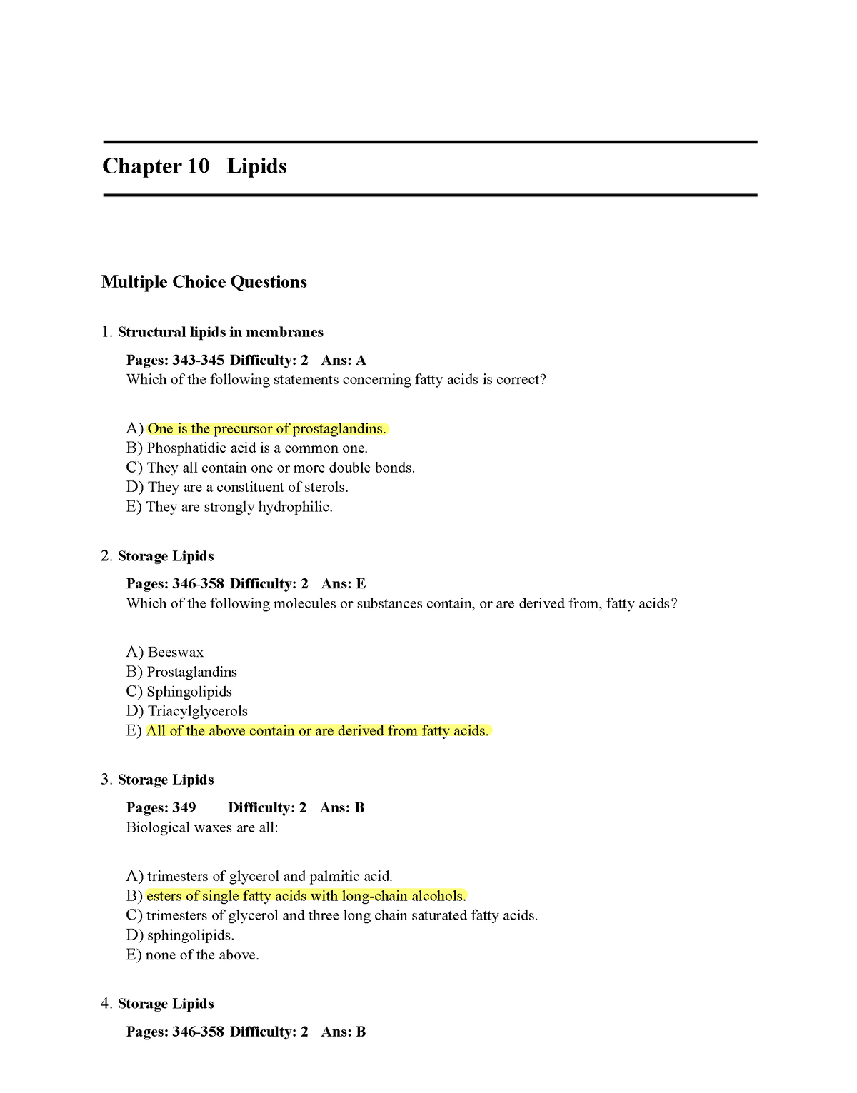 Chapter 10 Lipids - Chapter 10 Lipids Multiple Choice Questions ...