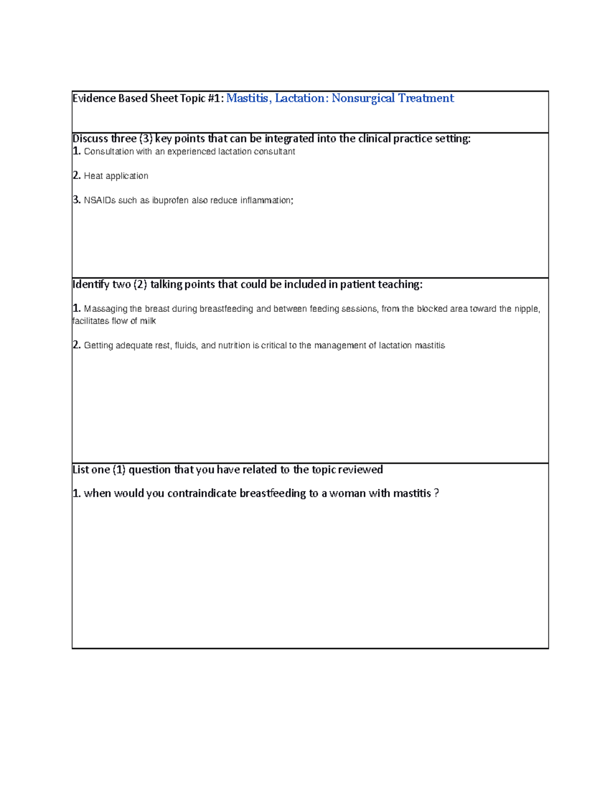 3-2-1 Summary mastitis (ob) - Evidence Based Sheet Topic #1: Mastitis ...