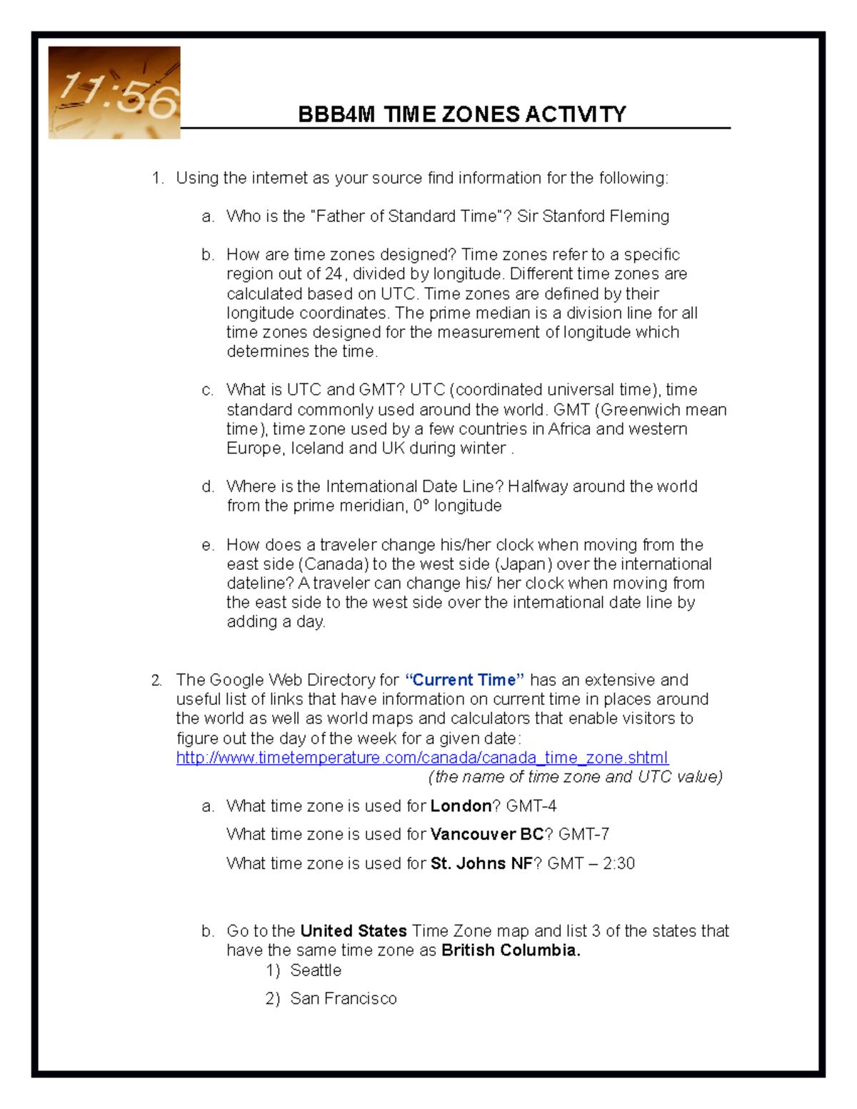 BBB 4M Time Zone activity 2018 - TIME ZONES ACTIVITY 1. Using the internet  as your source find - Studocu