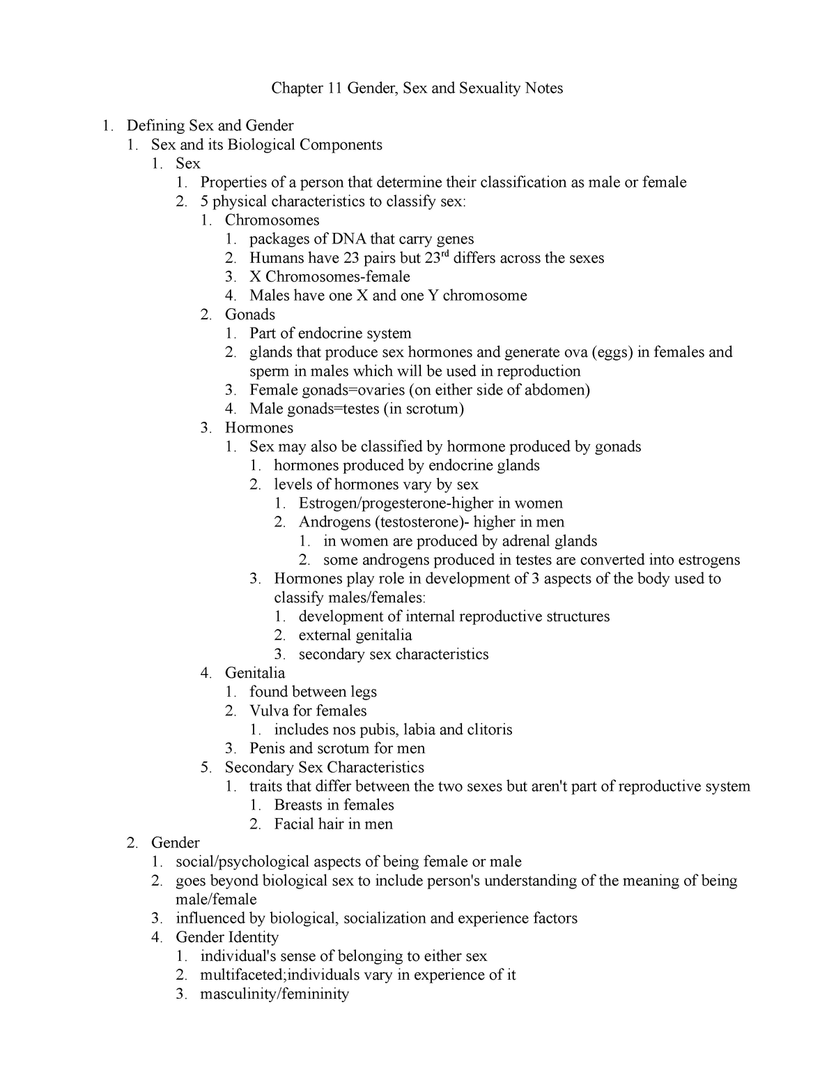 Chapter 11 Gender Sex And Sexuality Notes Defining Sex And Gender 1 Sex And Its Biological 