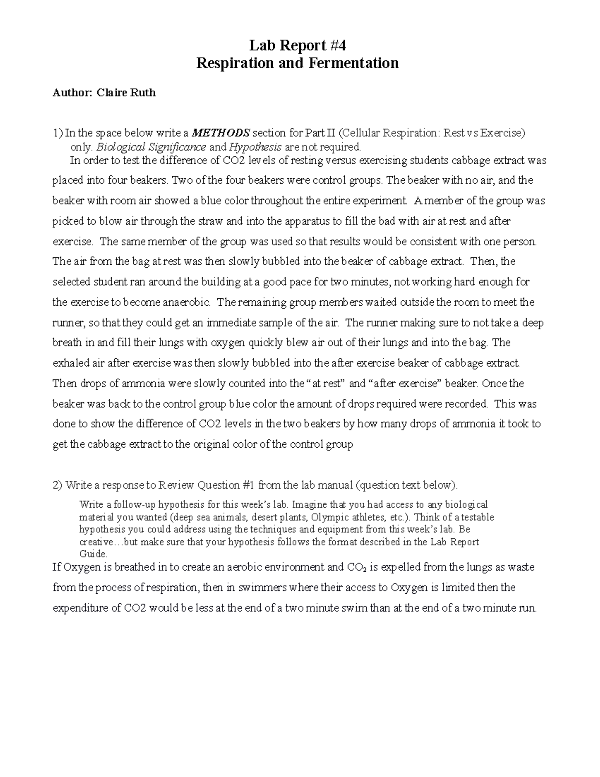 Bio lab report 4 - Lab - Lab Report #4 Respiration and Fermentation ...