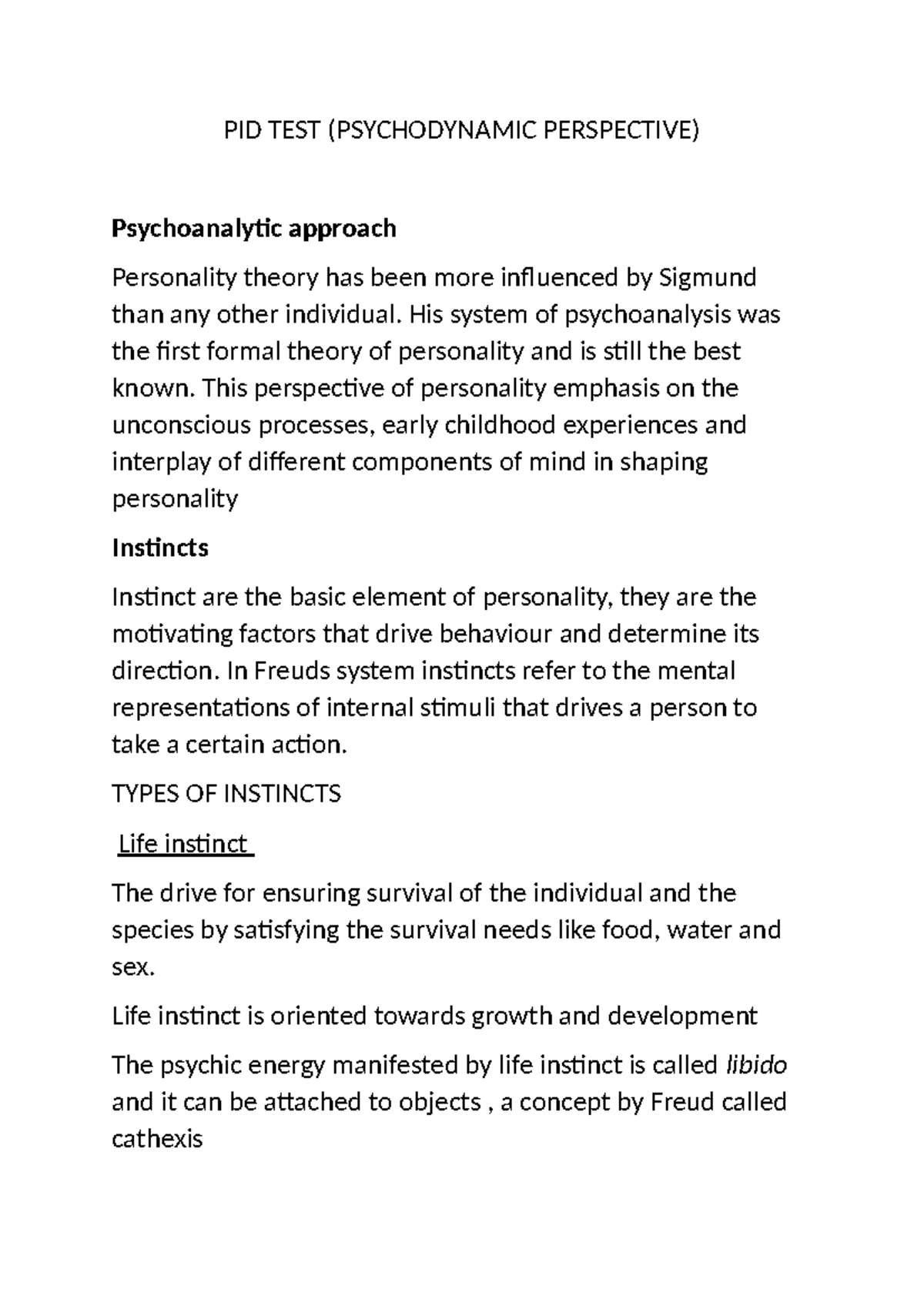 Psychoanalytic perspective - PID TEST (PSYCHODYNAMIC PERSPECTIVE ...