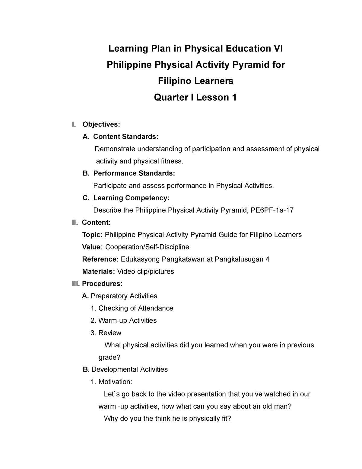 Lesson Plan Pe 6 N A Learning Plan In Physical Education VI   Thumb 1200 1553 