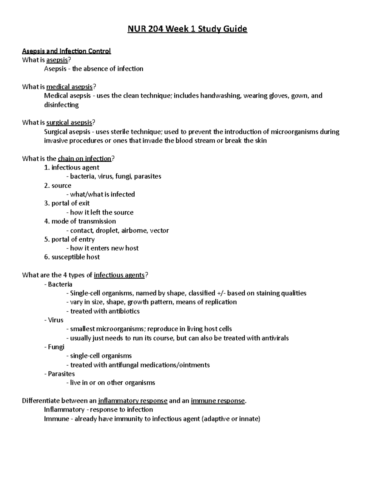 NUR 204 Week 1 Study Guide - NUR 204 Week 1 Study Guide Asepsis and ...