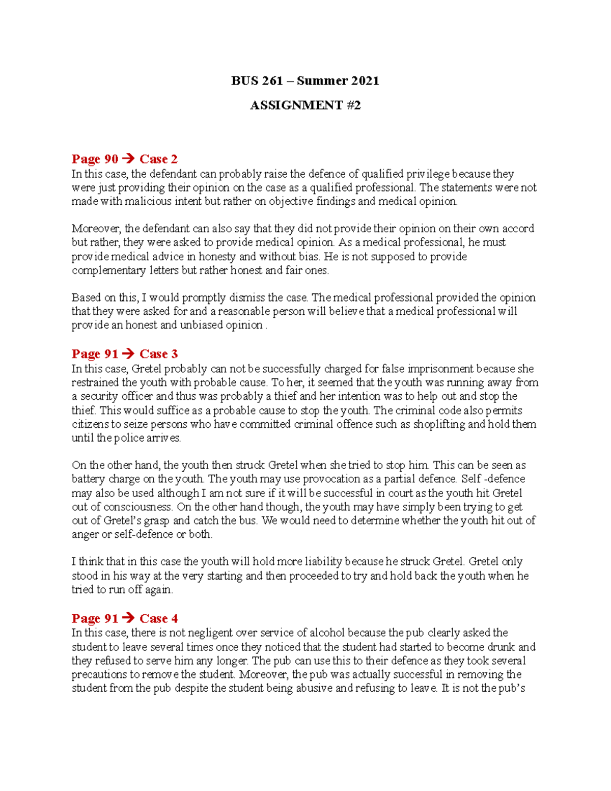 BUS 261 Assignment 2 Coursework - BUS 261 – Summer 2021 ASSIGNMENT Page ...