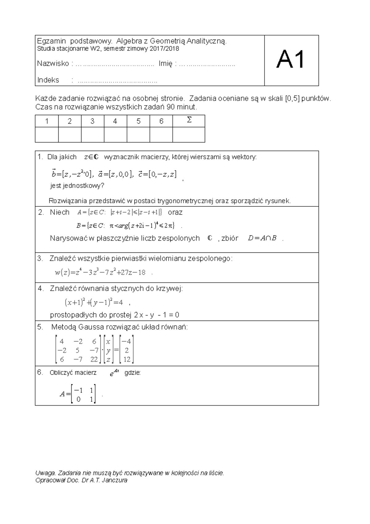 Algebra - Egzamin podstawowy. Algebra z Geometrią Analityczną. Studia ...