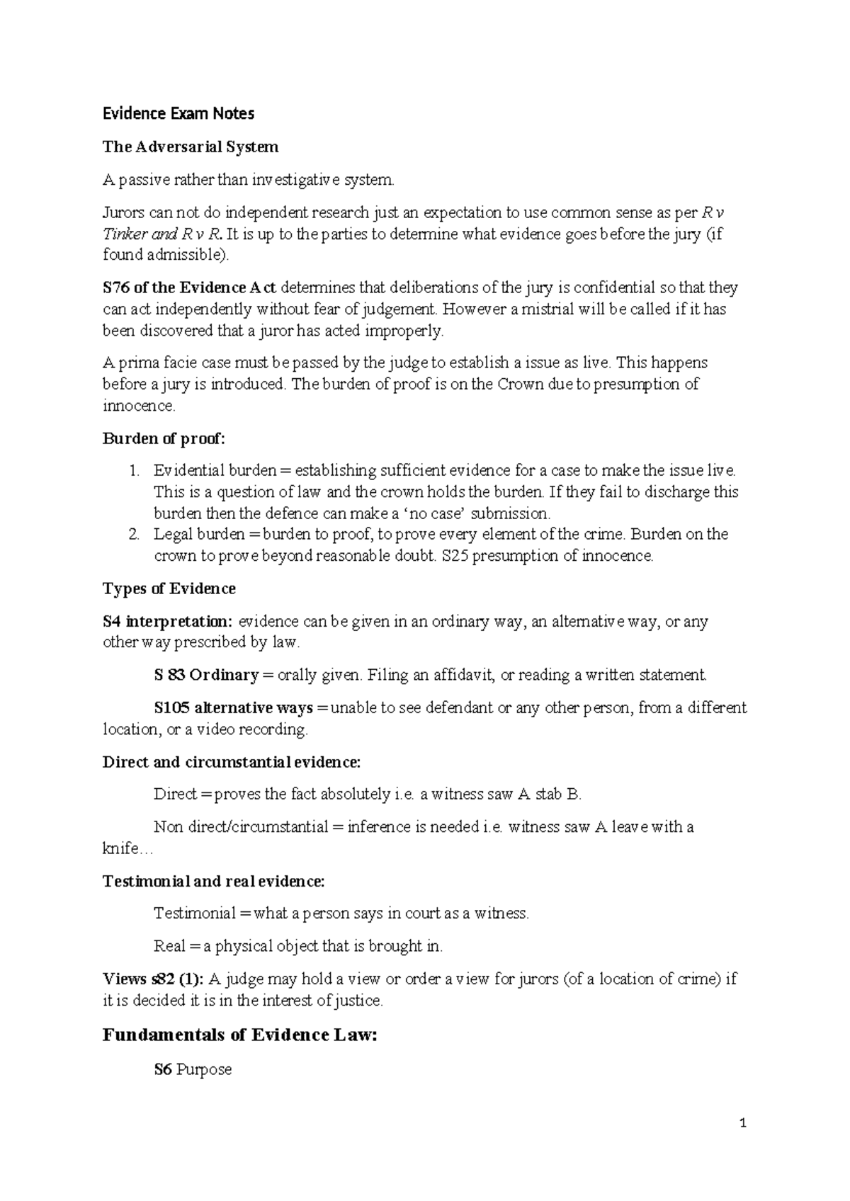 Evidence Notes 2024 - Evidence Exam Notes The Adversarial System A ...