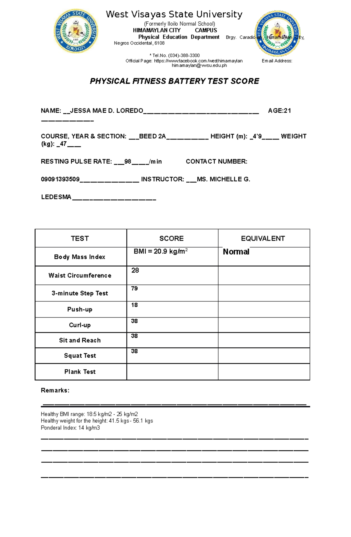 PhysicalFitnessBatteryTestScore Loredo (Formerly Iloilo