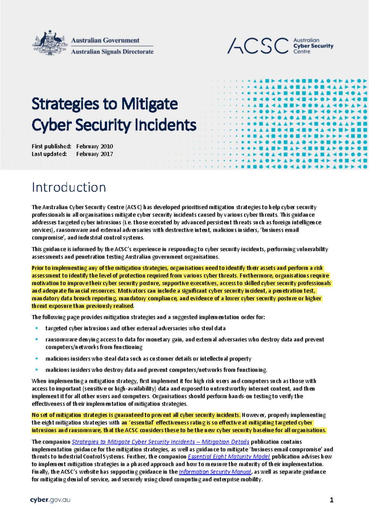 Protect Strategies To Mitigate Cyber Security Incidents February 2017