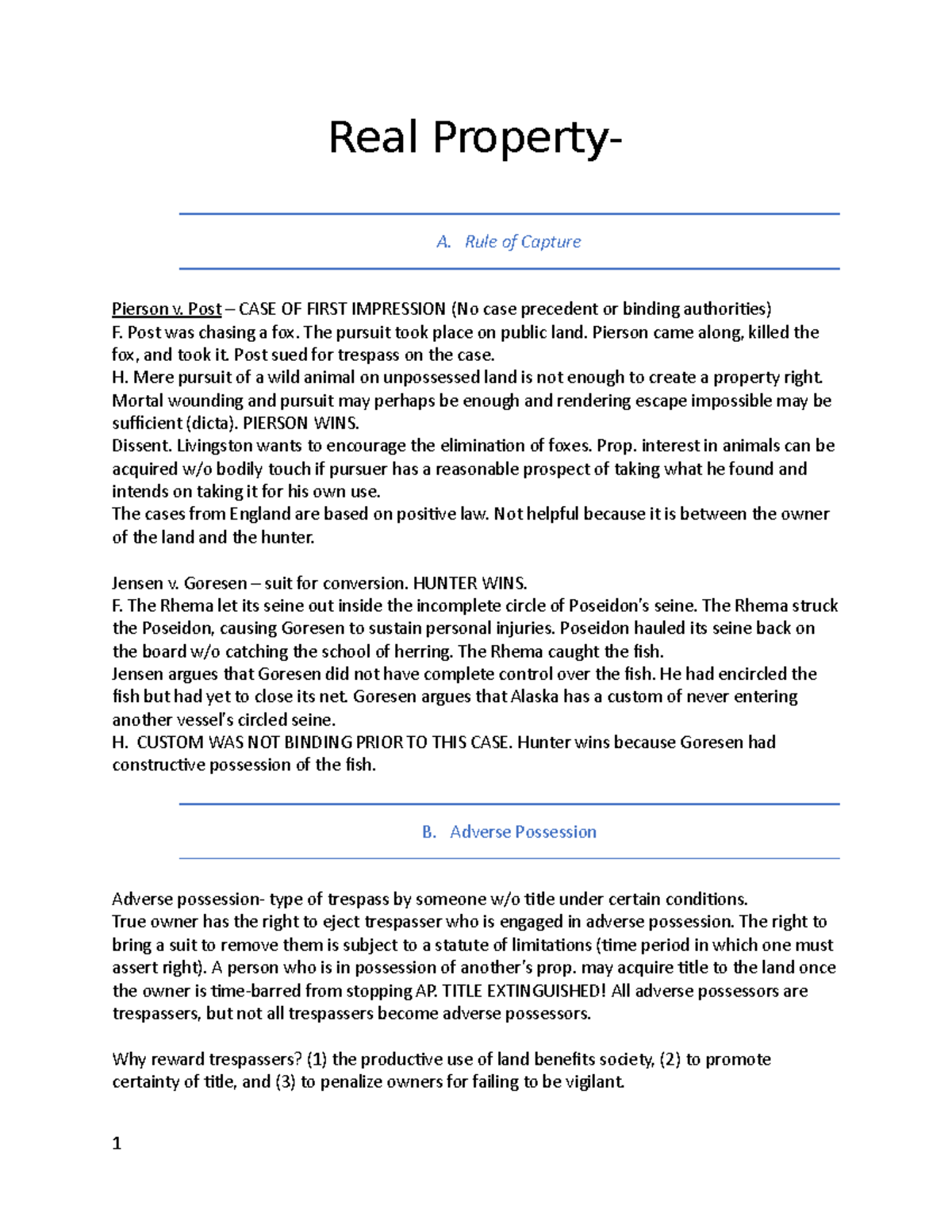 Real Property Outline- Watson - Real Property- A. Rule of Capture ...