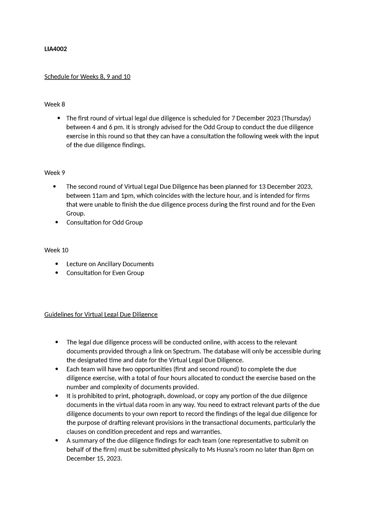 Weeks 8, 9 and 10 - LIA Schedule for Weeks 8, 9 and 10 Week 8 The first ...