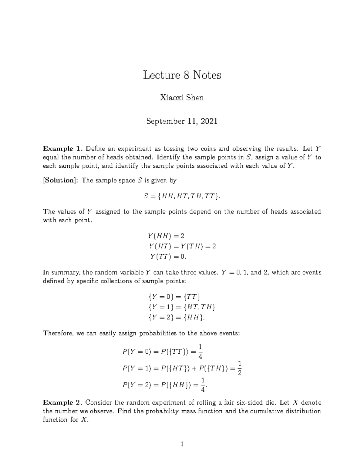 Lec8-Notes - Lecture notes 8 - Lecture 8 Notes Xiaoxi Shen September 11 ...