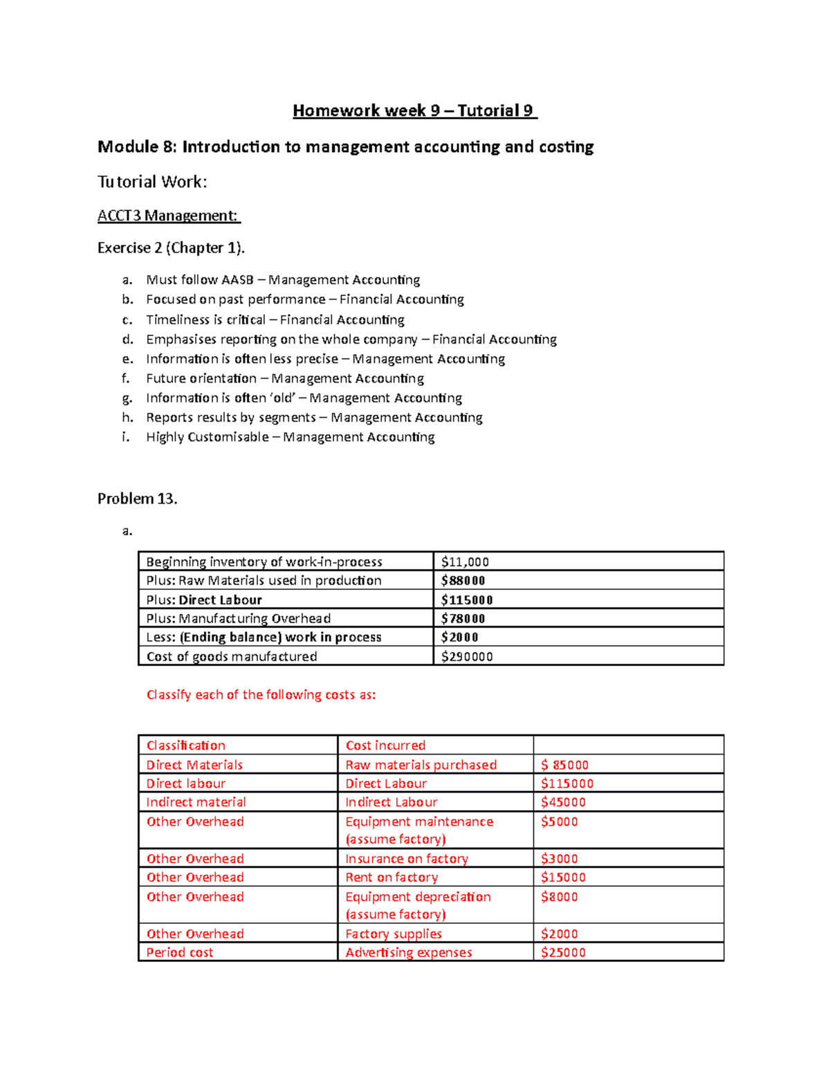 Accounting A - Tut Homework (Week 9) - Introduction to management ...