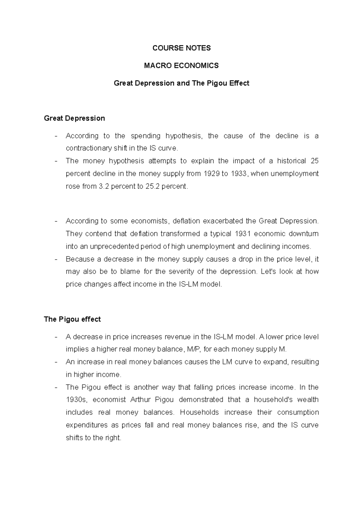 Course Notes Macroeconomics Great Depression and The Pigou Effect ...