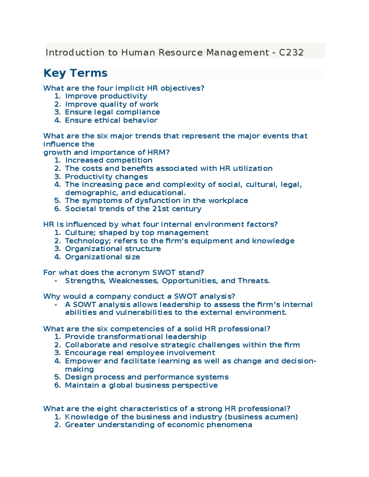 Introduction to Human Resource Management - Key Terms - Improve ...