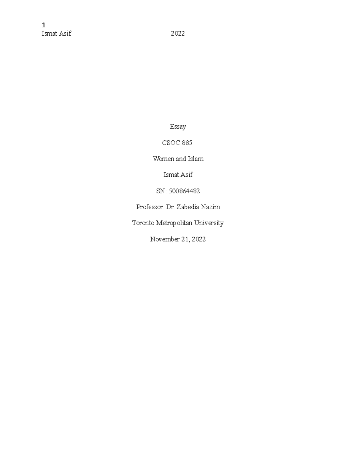 Essay CSOC - Ismat Asif 2022 Essay CSOC 885 Women and Islam Ismat Asif ...