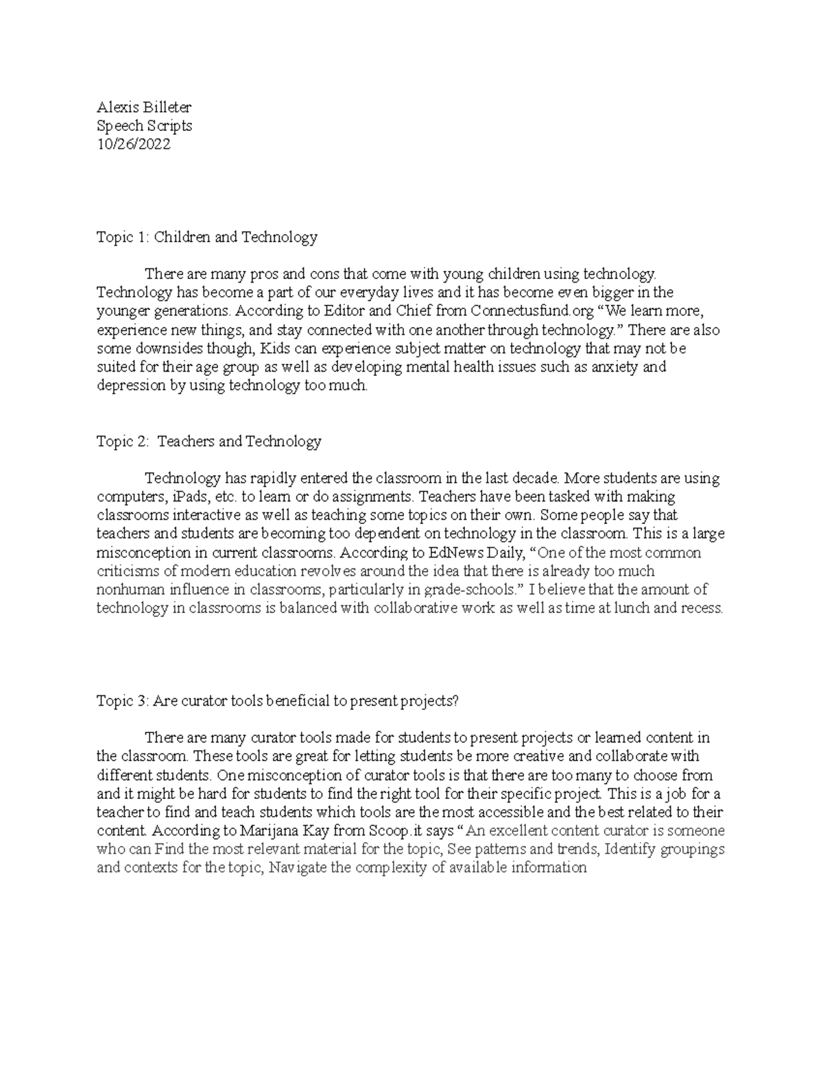 Scripts for speeches - Alexis Billeter Speech Scripts 10/26/ Topic 1 ...