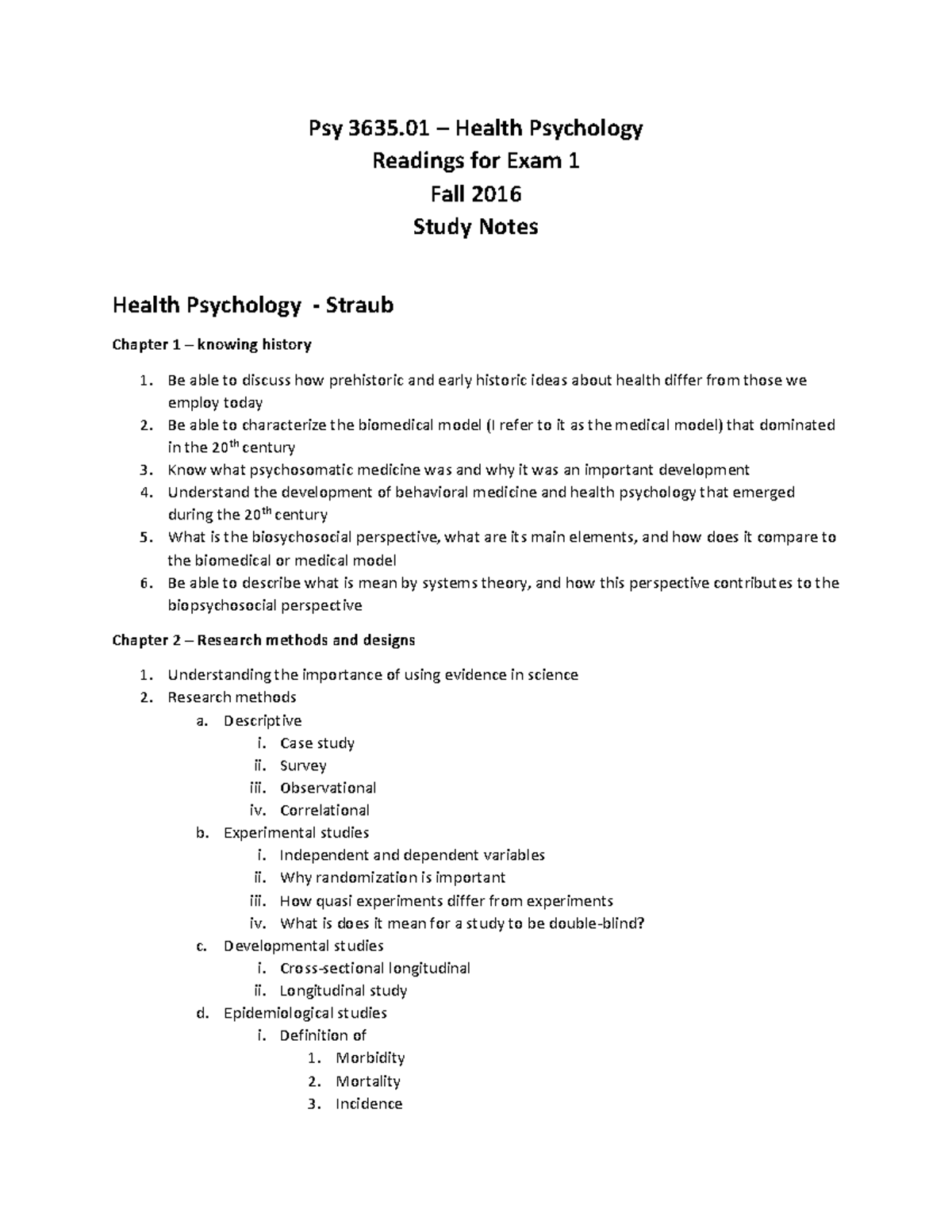 Exam 1 study guide - Psy 3635 – Health Psychology Readings for Exam 1 ...