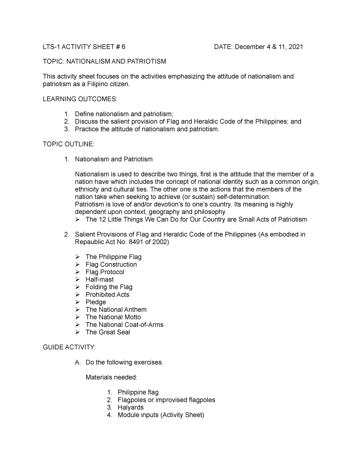 LTS Activity Sheet 6 - LTS-1 ACTIVITY SHEET # 6 DATE: December 4 & 11 ...