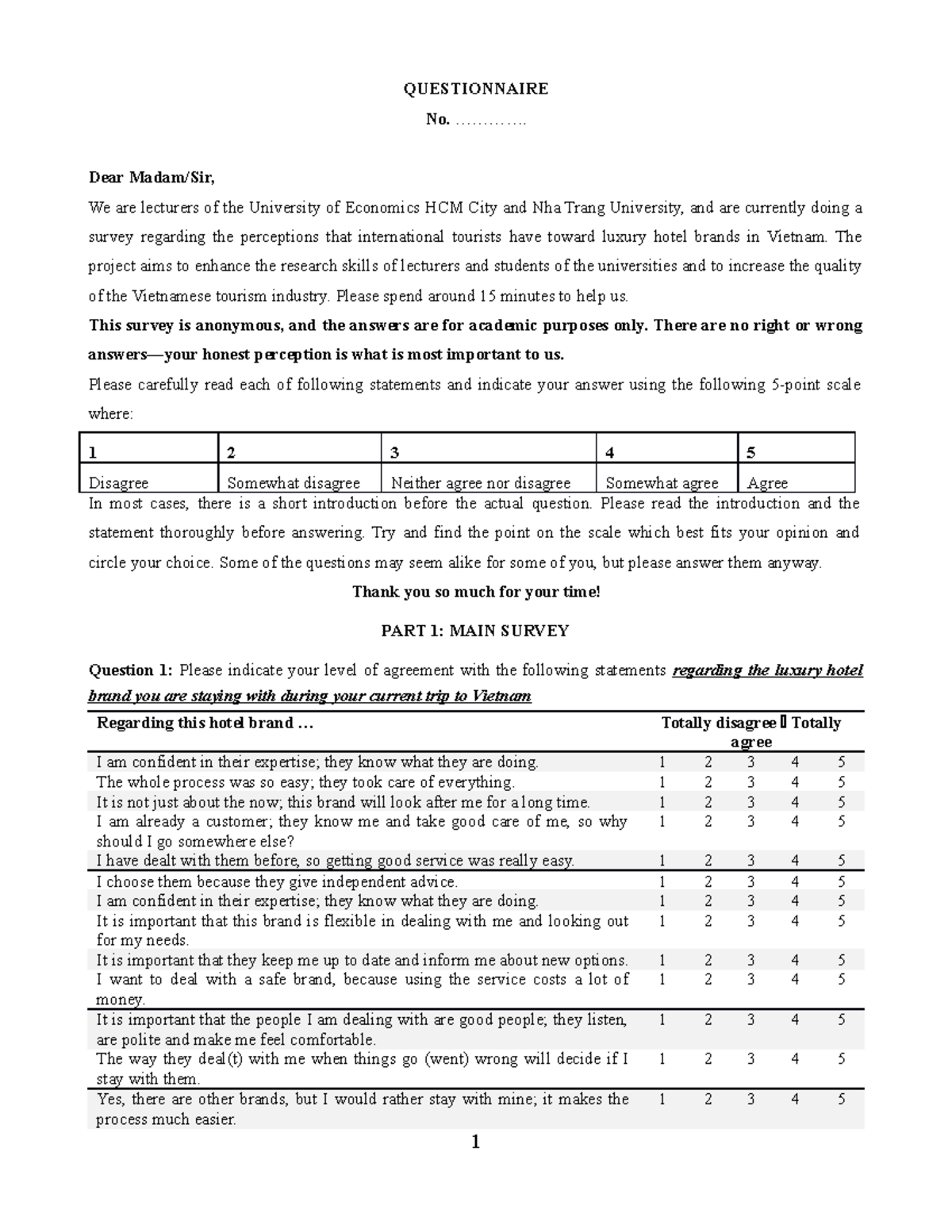 Sample of questionnaire Vietnamese - QUESTIONNAIRE No ...