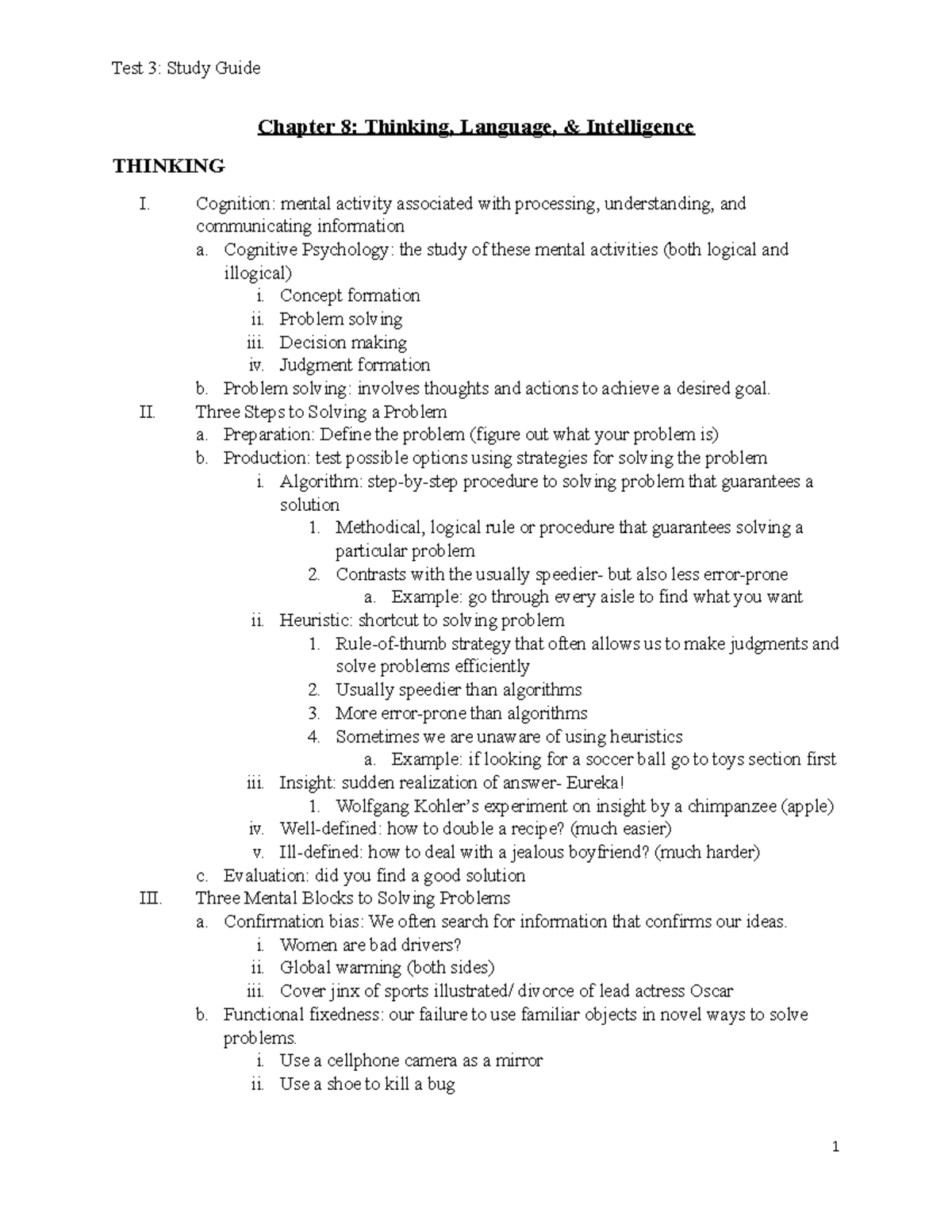 Test 3 Study Guide - Lecture notes 8,9,11 - Chapter 8: Thinking ...