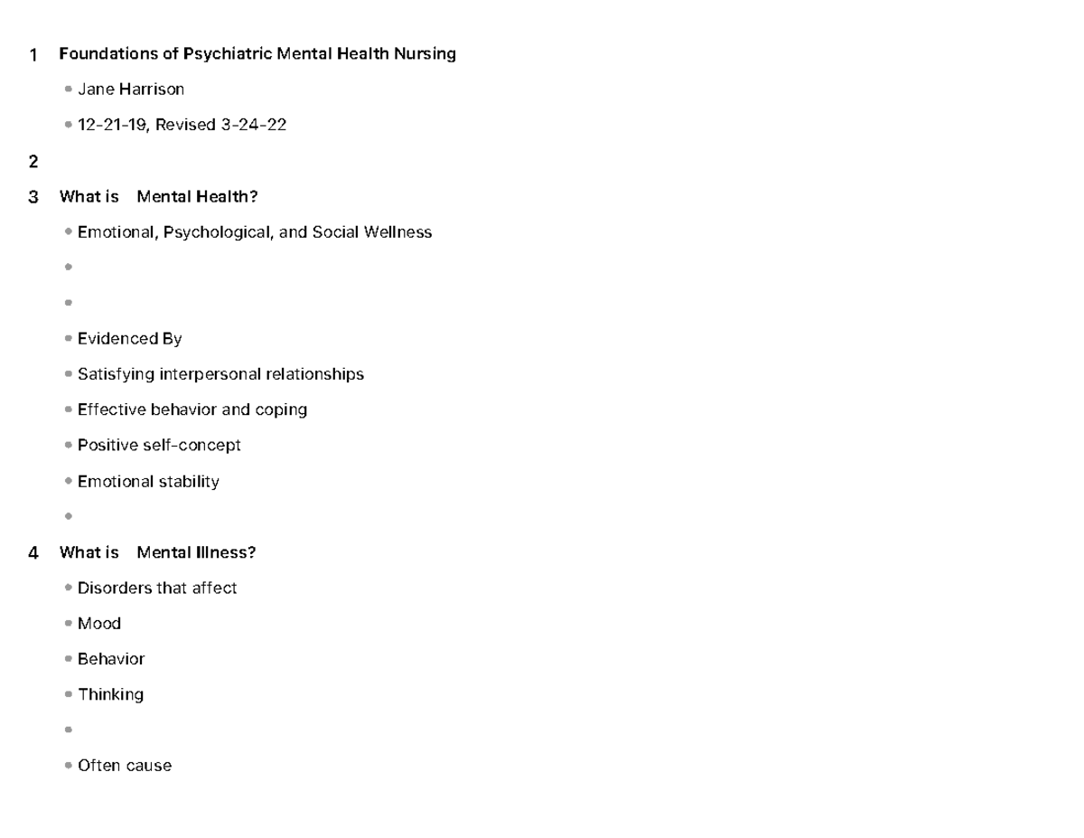 Foundations Of Psychiatric Mental Health Nursing Lecture Notes - 1 ...